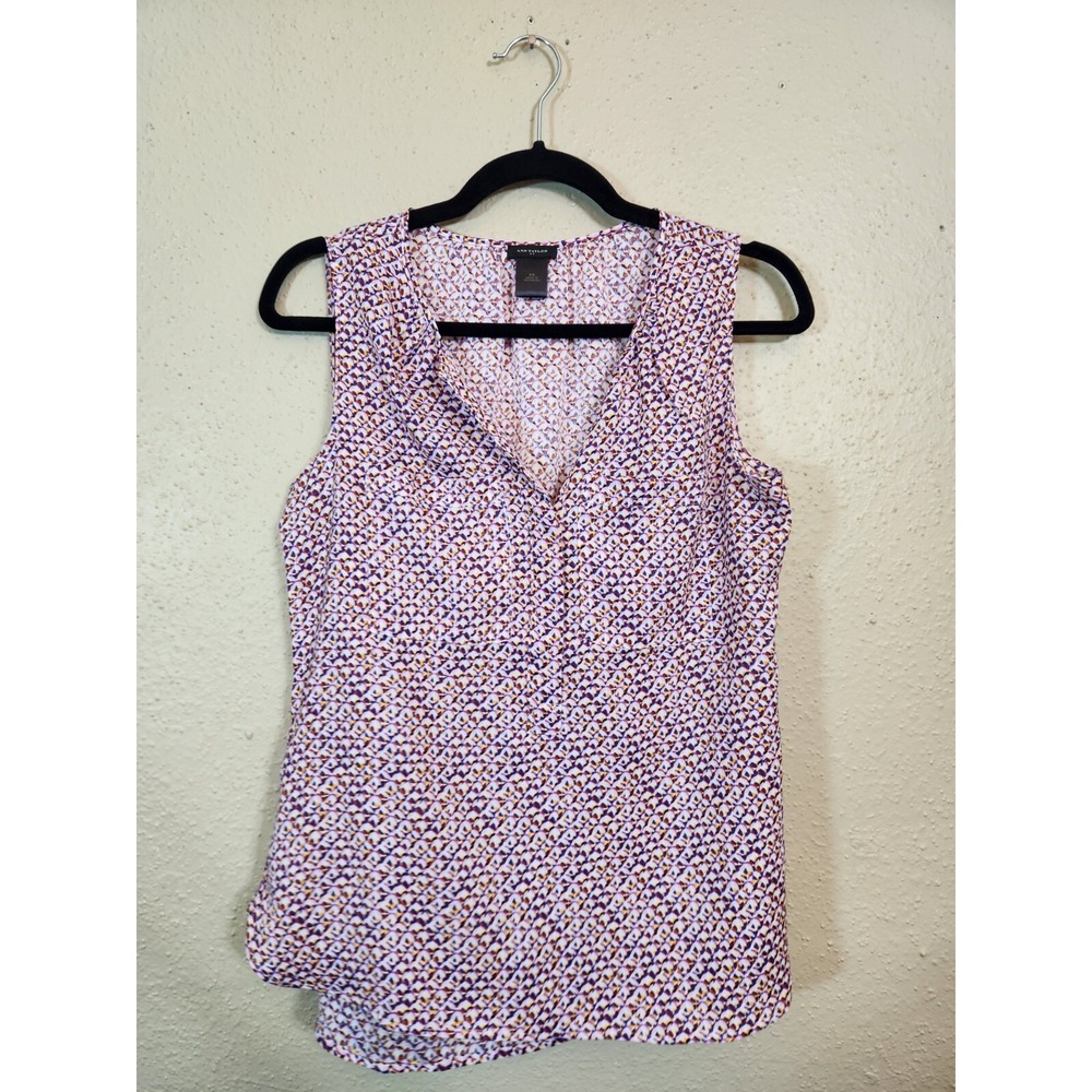 Ann Taylor Womens XS Purple Multi Geometric V-Neck Sleeveless Blouse Shell Top